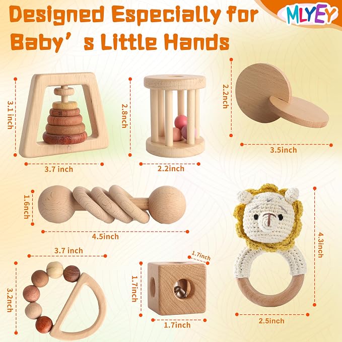 Wooden Montessori Toys 7PCS Wooden Baby Toy for Babies 12-36 Months, Natural Wood Rattle Toy Set with Crochet Lion Rattle, Gift for Infant Boys Girls
