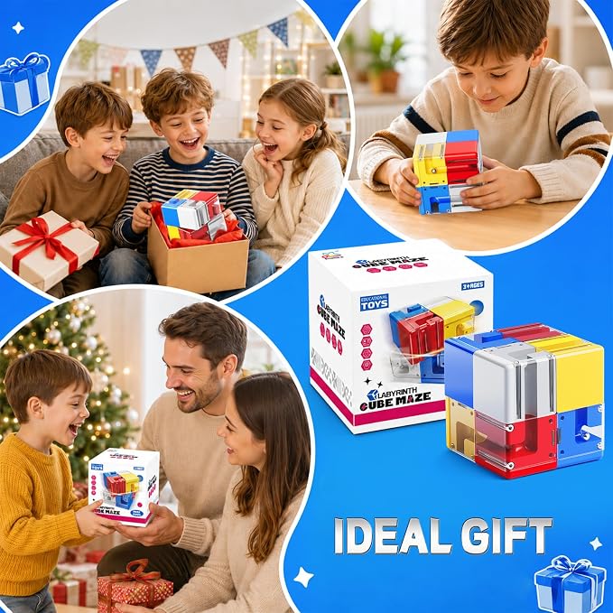 3D Maze Cube Ball Puzzle Brain Teaser for Adults & Kids, Educational Learning Toys Logical Thinking, Family Board Games Tabletop, Durable Puzzle Cube (White&Blue&Red&Yelllow-C, 2.8x2.8x2.8)