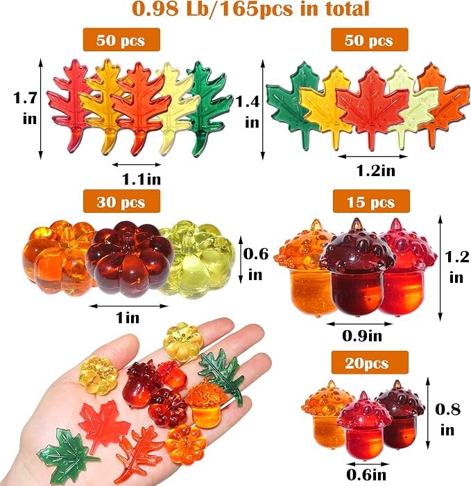 HADDIY Fall Vase Filler 165pcs Pumpkin Mini Leaves Gems Sensory Bin Fillers | autumn Acrylic Acorn for craft Thanksgiving Table Scatters,Centerpieces Table Decorations,Counting,bow and jar fillers
