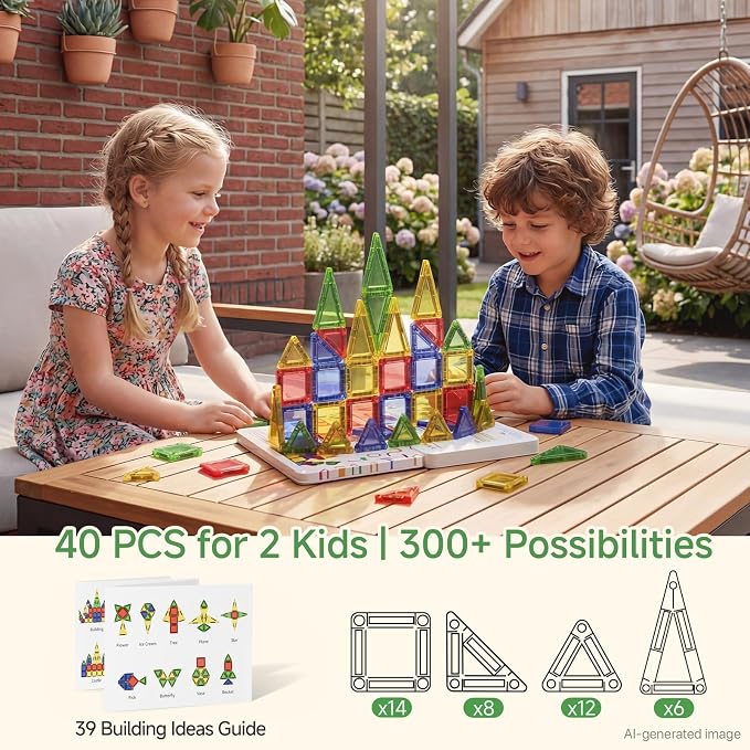 Mini Magnetic Tiles for Kids Travel 60 Mins Quiet Play 30s Cleanup | 40 PCS Cartoon Tin Box Magnet Building Blocks to Stop Crying - Birthday Gift Boys Girls Age 3-8