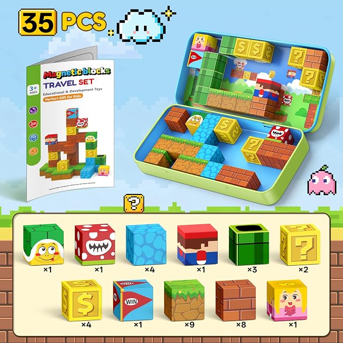 KAEILORU Magnetic Blocks Travel Toys for Kids Ages 4-8,35PCS Magnetic Cubes | STEM Learning Set with Portable Iron Storage Box Construction Learning Toys for Toddlers Ages 3-5