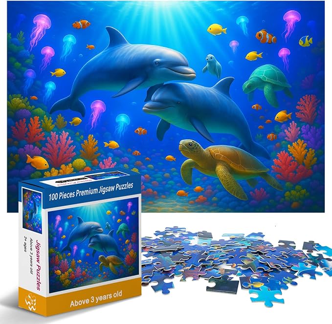 100 Piece Puzzles for Kids Girls Boys Ages 4-10, Colorful Ocean Under Sea | Learning Educational Jigsaw Puzzles Toys with Full-size Poster, Holiday/ Birthday/Party/School Gifts for Children