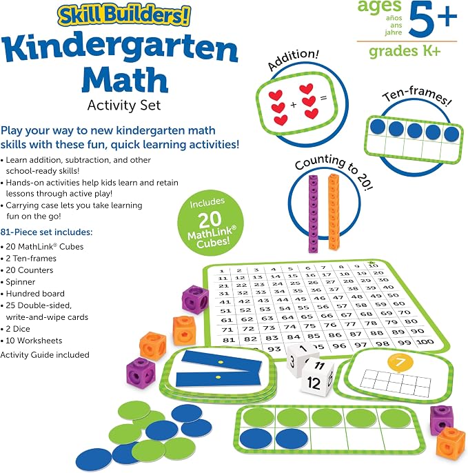 Learning Resources Skill Builders Kindergarten Math Activity Set - Kindergarten Learning Math Manipulatives Game, Number and Counting Blocks Activities, Classroom Manipulatives Teaching Materials