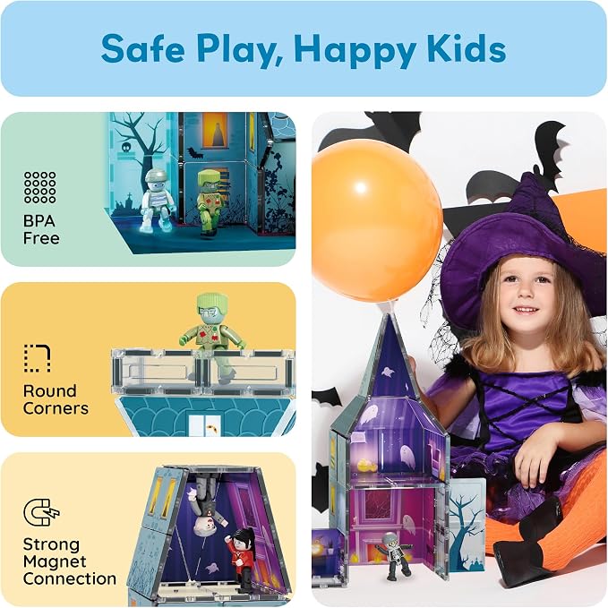 PicassoTiles 57 PCS Magnetic Tiles Halloween Haunted House STEM Set Ages 3+ | 8 action figures with rotating limbs, double-sided tile prints, doors and windows, creative storytelling playset, BPA-free