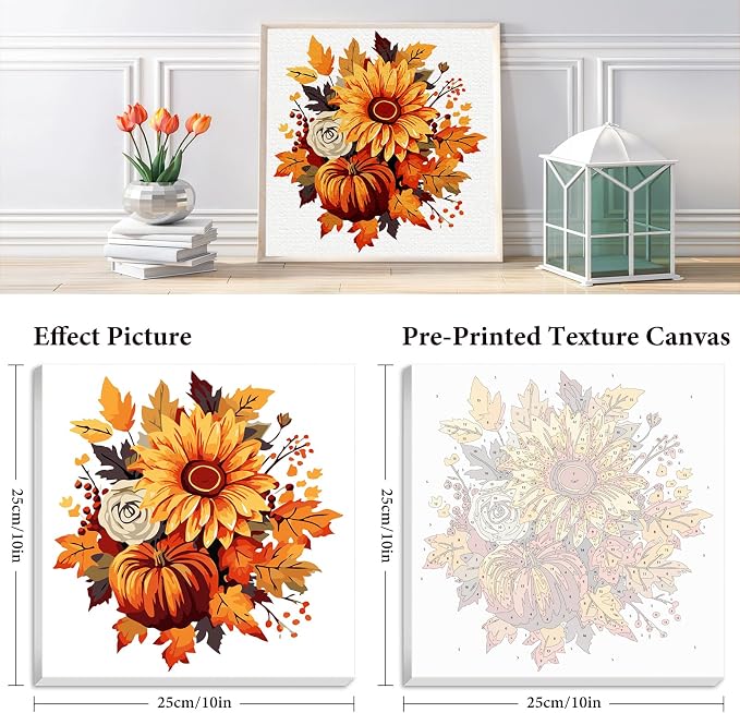 Fountor Fall Framed Paint by Numbers Kit for Adults Beginner 10x10 Inch | Acrylic Sunflower and Pumpkin Paint by Numbers Framed, For Adults & Kids Ages 8-12, DIY Stress Relief Home Wall Decor Gifts