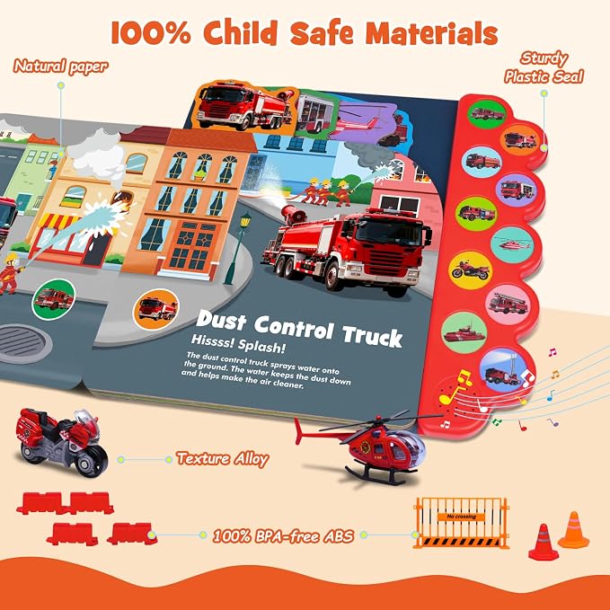 iGRATENS Fire Truck Toys with Sounds Book, 10 Alloy Toy Trucks | Fire Vehicle Board Book with 10 Buttons, Realistic Sound Effects, Exquisite Illustrations, Great for Little Truck Lovers Kids