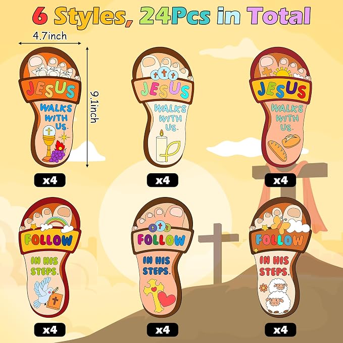 Dvbonike 24Pcs Sunday School Crafts for Kids Color Your Own Religious Card | Jesus Walks with Us, Christian Coloring Craft Kit, Footprint, DIY Drawing Party, Gifts, VBS Home Classroom, Activity Supplies