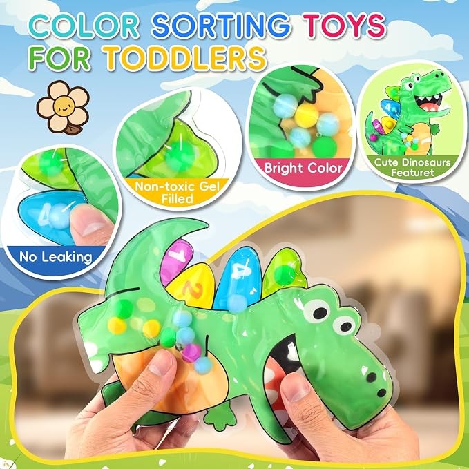 Dinosaur Color Sorting Sensory Toys for Toddlers 1-3,Fine Motor Skills Matching Travel Toys for Kids,Easter Basket Stuffer Gift for Toddler Boy Montessori Fidget Preschool Classroom Activities for Kid