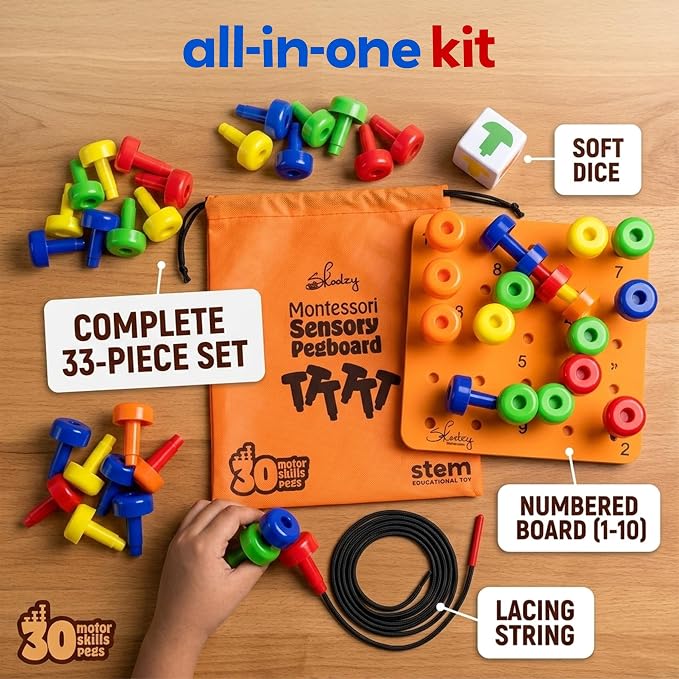 Montessori Sensory Pegboard, 33 Pc, STEM Learning, Ages 2+ | Occupational Therapy STEM Learning Educational Toys for Kids 2+ Includes Foam Board, Lacing String, Dice, Storage Bag, eBook