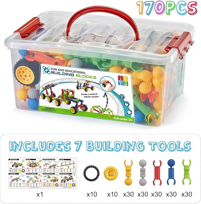 Building Toys for Kids Ages 4-8, STEM Toys for 3 4 5 6 7+ Year Old Boy Gift | 170 Pcs Building Blocks STEM Kits, Classroom Learning Activities with Storage Box, Birthday Gift Boy Toy Age 3-5 4-6 6-8 8-10