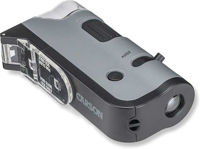 Carson MicroFlip 100x-250x LED and UV Lighted Pocket Microscope with Flip Down Slide Base and Adapter with CarsonCam Phone App - Set of 4 (MP-250MU) | STEM Handheld Microscope Set with Smartphone Adapter Clip for Digiscoping, Flip Down Slide Base - Set...