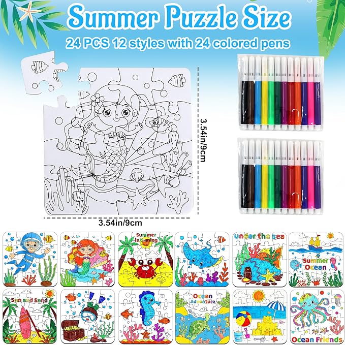 24 Set Summer Crafts for Kids Bulk, Summer Ocean Activities Puzzle with Mermaid Fish Starfish Animal, Camp Beach Arts and Crafts Classroom Gifts, Under the Sea Theme Party Favors, June Coloring Games