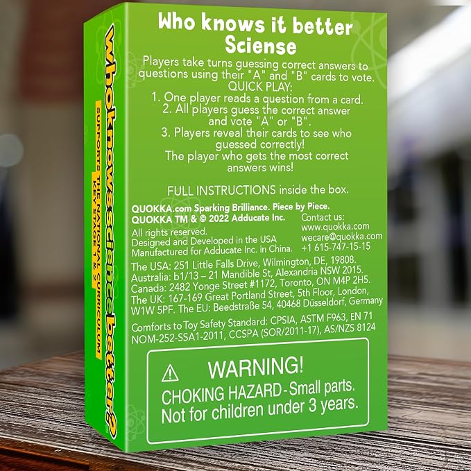 Quokka Card Games for Kids 8-12 - Board Family Games for Kids and Adults | Science Trivia Cards for Family Game Night - Who Knows Science Better 500+ Questions - Fun Card Game for Families and Teens
