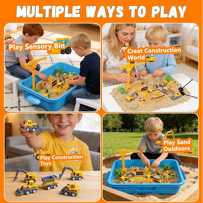 Construction Sensory Sand Kit for Kids 3-8, Sand Bin Sensory Toys | Non-toxic Magic Sand & Construction Tools, STEM Montessori Sensory Toys for Kids, Christmas & Birthday Gifts for Boys Girls