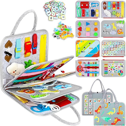 Esjay Busy Board Montessori Toys for Boys Girls, Sensory Book Educational Activities for Learning Fine Motor Skills, Birthday Gifts, Travel Toys for Airplane Car,Grey Multipages