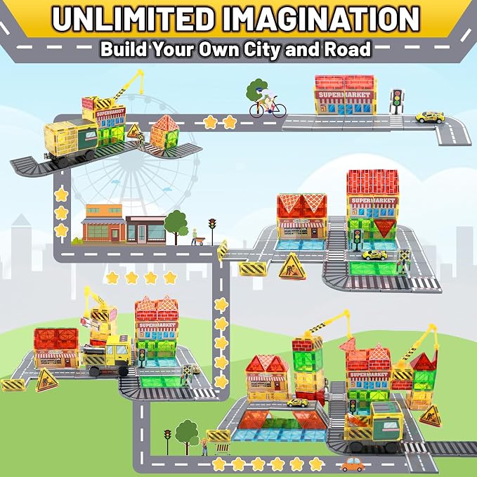 LionFuny 70Pcs Magnetic Tiles Magnetic Building Blocks, Building Toys for Kids Ages 3-5 4-8 8-12 Toddlers STEM Preschool Toy Boys Toys, City Construction Toys Set with 2 Cranes Train Tracks Road Car