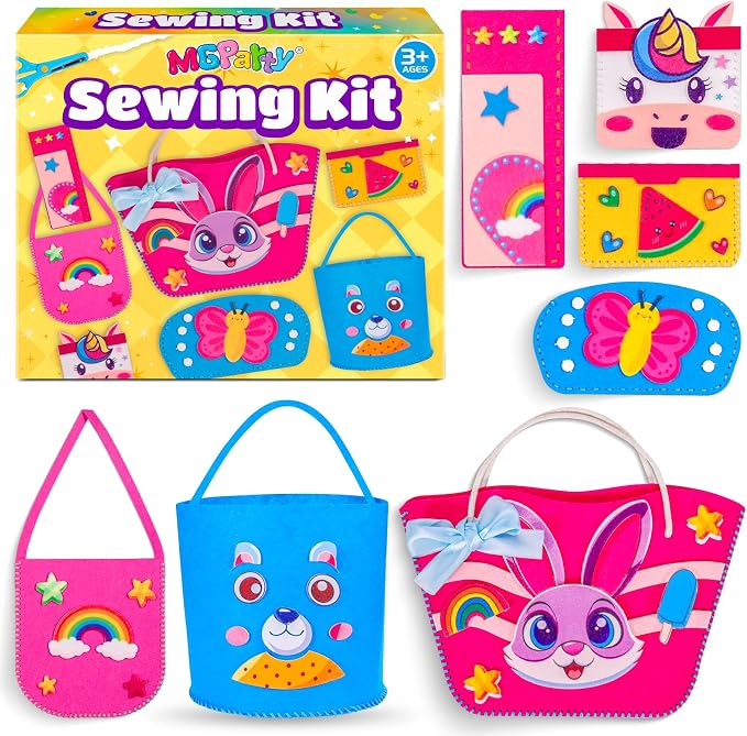 MGparty My First Kids Sewing Kit, DIY Arts & Crafts Set with 7 Felt Bag Projects, Beginner Sewing Activities for Kids Ages 5+, Creative Learning Craft Kit, Birthday Gifts for Boys & Girls