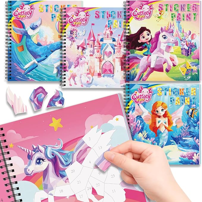 4Pcs Paint by Number Sticker Book with Story for Kids Ages 4-8 | Paint by Sticker Activity Books for Girls, Screen-Free Travel Airplane Car Toy, Art Craft Puzzle Gift for kids 3-12