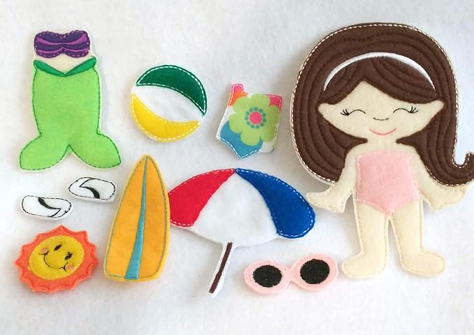 Children's Felt Quiet Book for Toddler, 2 Beach Pages with Felt Doll and 9 Pieces - Gift for Girl - Imaginative PlayQB153