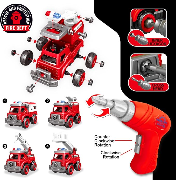 4-in-1 Take Apart Toys Truck with Electric Drill, DIY Assembly Fire Truck | Toy Vehicles, Kids STEM Building Educational Cars Toys, Birthday Gifts for Age 3 4 5 6 7 8 Years Old Boys Girls