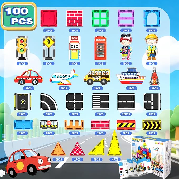 Magnetic Tiles Road Set 100Pcs- Magnetic Building Blocks for Kids Ages 3-5 and 4-8, Preschool STEM Sensory Toys for Kids 3-5, Educational Construction Gift for Boys & Girls Birthday Christmas