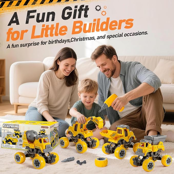 Take Apart Construction Truck Toys for Boys Age 3-8, 4 PCS STEM Building Toys with Electric Drill, Excavator Bulldozer Cement Mixer Dump Truck, Pull Back Cars Birthday Gifts for 3 4 5 6 Year Old Kids