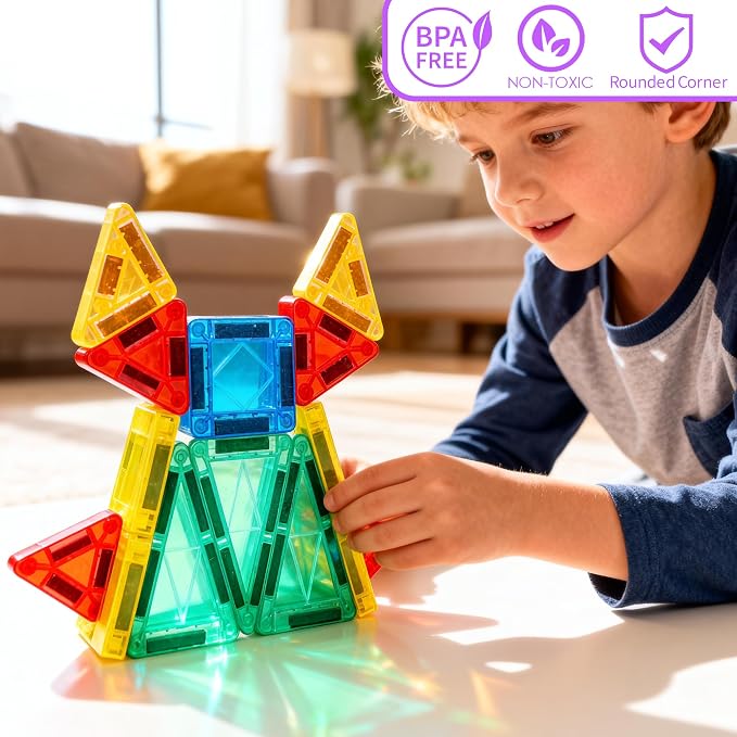 Magnetic Tiles Building Blocks for 3 4 5 6 7 8+ Years Old Boys Girls Colorful Magnet Stacking Toys Birthday Gift for Toddlers STEM Preschool Educational Construction Tiles Set (Mini Magnetic Tiles)