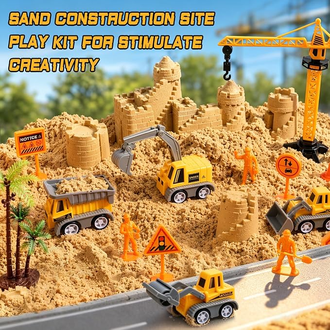 Construction Sensory Bin for Toddlers – Gifts for 3 Year Old Boys | Play Sand Building Kit Sandbox Playset with Lid Preschool Learning Activity Toys for Girls Ages 3‑5