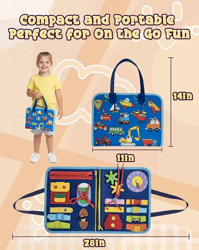 Montessori Busy Board for Toddlers, 8-Page Sensory Activity Book for Fine Motor Skills & Basic Dress Learning, Portable Travel Toy for Preschool Kids, Birthday Gift for Boys and Girls