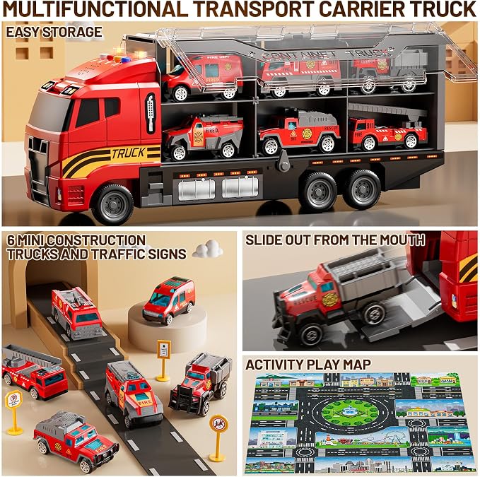 Carrier Truck Toddlers Toys for 3 4 5 6 7 Years Old Boys, Toy Truck Transport Car & Die-Cast Car and Play Mat, Fire Toys Birthday Gifts for Kids 3 4 5 6 7 8+ Years Old Boys Girls