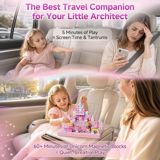 Unicorn Magnetic Cubes for Travel: 100 PCS Castle Princess Playset | Magnet Building Blocks Toys with Tin Storage Case - 60 Min Quiet Car & Airplane Activity Game for Girls Toddlers Ages 3-8