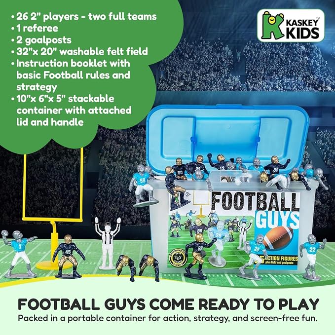 Kaskey Kids Football Guys, Red Gold vs. Blue Silver, 30 Pieces in Each Set, Includes 2 Teams, Accessories, and Travel Storage Case, Nostalgic Sports Action Figures for Imaginative Play, Ages 3 and Up