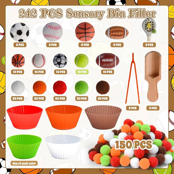 242pcs Sports Balls Sensory Bin Filler Fine Motor Toys Ball Sensory Bin Items Easter Soccer Baseball Basketball Football Tennis Sensory Bin Items Pom Poms for Color Counting Sorting
