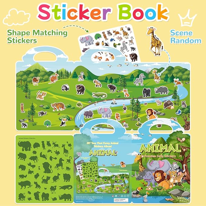 Reusable Sticker Book for Toddlers 3-6, Jelly Stickers for Kids, Sticker Activity Book Travel Toys for Car & Airplane, Educational Learning Gifts for Boys and Girls Ages (Animals Theme)