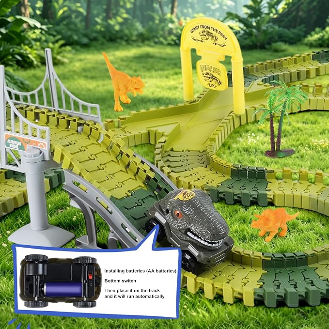 Dinosaur Race Car Track Toys for Kids, Birthday Gifts for 3 4 5 6 7 Year Old Boys Girls, 255+ PCS Dinosaur World Adventure Building Playset with Flexible Track, DIY A Dinosaur World Road Race
