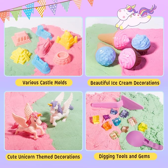 Weilim Unicorn Sensory Bin for Girls, Moldable Play Sand Kit Ages 3-8 | Non-Drying Moldable Sand, 2.3 lbs/2 Colors; 30-PC Kit: Molds, Tools, Wand, Lidded Bin; Won't Stick to Carpet, Easy Cleanup