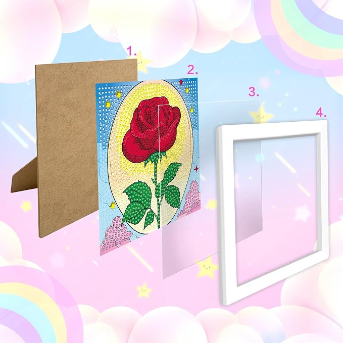 Reofrey Diamond Art Kits for Kids with Frame, 5D DIY Flower Roses Diamond Painting Kits, Arts Crafts Gift for Girls & Boys Ages 4,5,6,7,8,9,10,11,12, Creative Educational Toy for Beginners (7x7 Inch)