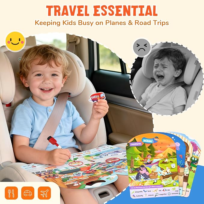 JoyCat Reusable Sticker Book Set, 4-Pack, 120+ Stickers, Kids Travel Toys | Sticker activity books for toddlers offer car, airplane and road trip fun; preschool educational gifts for boys and girls.