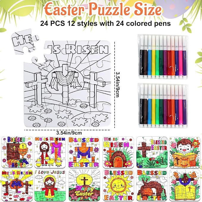 24Pcs Christian Easter Crafts for Kids Ages 4-8, Religious Easter Puzzle Jesus He Is Risen, Bible Jigsaw Arts Gifts for Classroom DIY Activity, Basket Stuffers, Spring Party Favors, Coloring Game Bulk