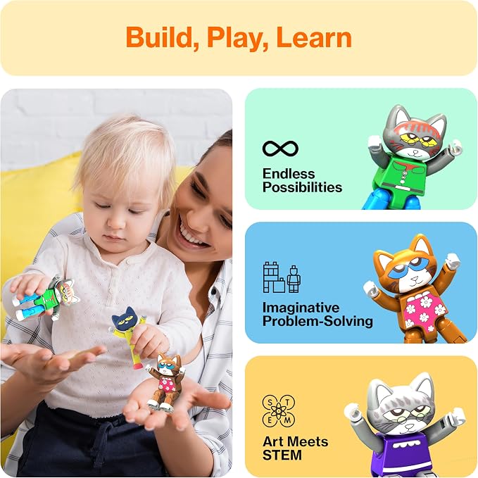 PicassoTiles 6pcs Pete the Cat Magnetic Figures Family Animal Action Character Toddler Toys Magnet Expansion Pack Building Blocks Add-on Educational STEM Learning Kit Construction Brain Tiles PTC01