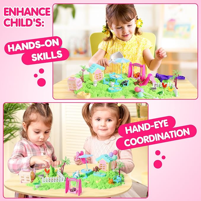 Billeeit. Pet Sensory Bin Sand Toy w/2.2lbs Green Moldable Sand | Dog ＆ Cat Play Sand Kit, Including 28pcs Accessories Total, Sand Box Toys Gift for Kids 3+ Boys and Girls Indoor Creativity