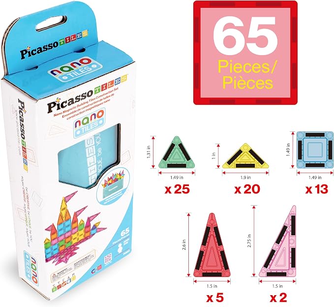 PicassoTiles 65 Piece Magnetic Tiles, STEM Travel Building Set for Kids 3+ | zipper carry pouch bag, portable miniature toy construction, educational Montessori learning, creative birthday gift present
