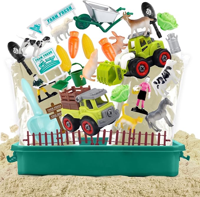 Aliex Farm Sensory Bin, Sensory Kits with Play Sand for Toddlers Ages 3-8 | 31pcs Farm toys with 2.2lbs moldable magic sand, animals trucks for creative play, sandbox with lid, birthday gift for boys