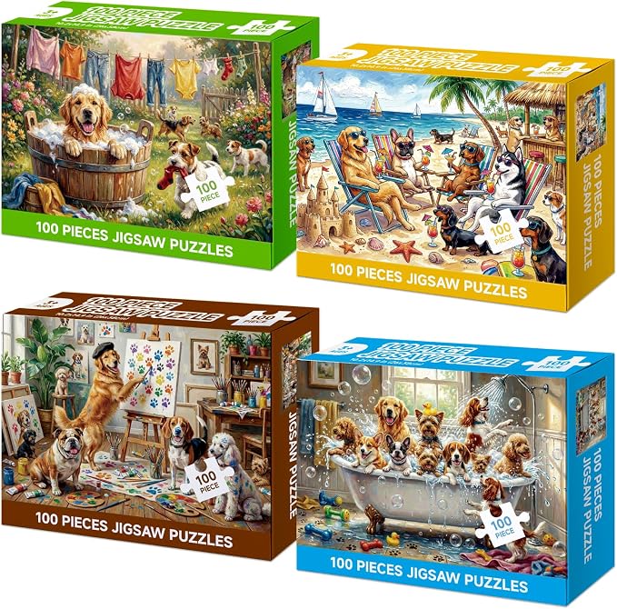 4-Pack 100 Piece Puzzles for Kids Ages 4-6 6-8 8-10, Funny Dogs 100 Piece Puzzles for Seniors Adults, Cute Animals Large Piece Kids Puzzles 100 Pieces for Seniors Adults Family Game Gifts (15x10 in)