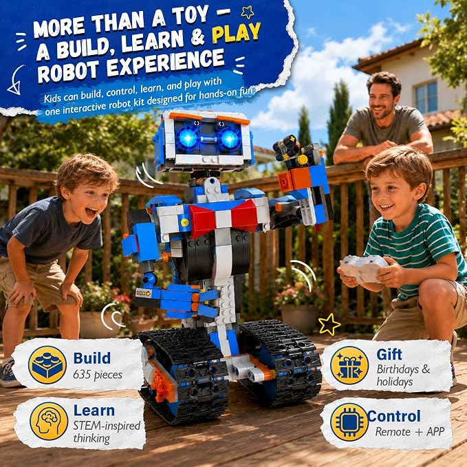 Robot Building Kit for Kids Ages 6-12, Remote Control STEM Coding Toy | 635-Piece Rechargeable Robot Kit, 5 APP Modes Control, Creative Programming, DIY Build Fun, Birthday gift for Boys and Girls