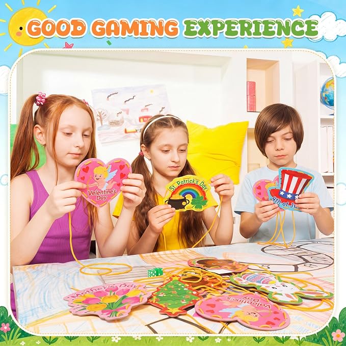 Funrous 10 Pieces Kids Recognition Lacing Cards,Holiday | Thick Cardboard Educational Sewing Cards, Double Sided Lacing Playing Games, For Preschool Developing Imagination Supplies