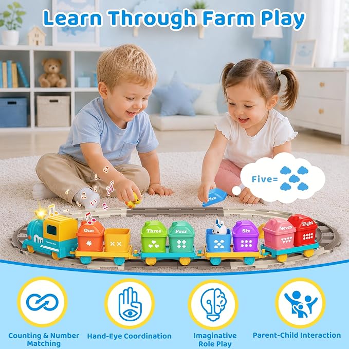 Electric Train Set for Toddler with Farm Animals, Music & Lights, Ages 2-4 | Montessori Self-Moving Electric Train Set, 37 PCS with 8 Numbered Barns and Animal Finger Puppets for Counting and Sorting