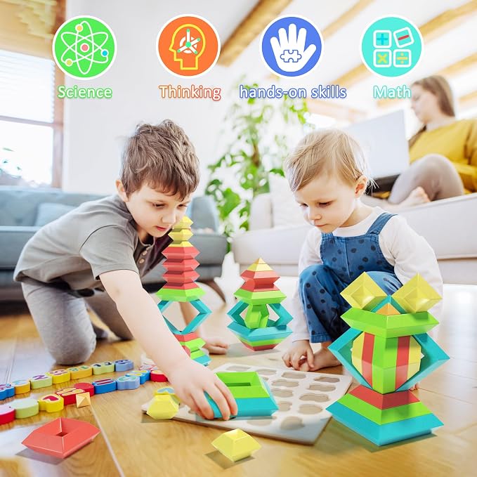 40Pcs Building Blocks Toys for Ages 3 4 5 6 Toddlers,Pyramid Stacking Toys,3D Montessori Preschool Learning Blocks for Kids,STEM Sensory Toy Gifts for 2-4 Years Old Boys Girls,Plastic Storage Box Set