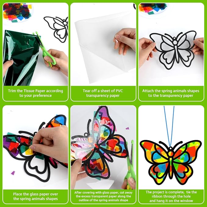 Lonfliness 32 Sets Spring Bug Suncatchers Craft Kit DIY Insect Window Stained Glass Effect Paper Butterfly Bee Home School Classroom Decoration Summer Art Creative Activity Project Gift Favor