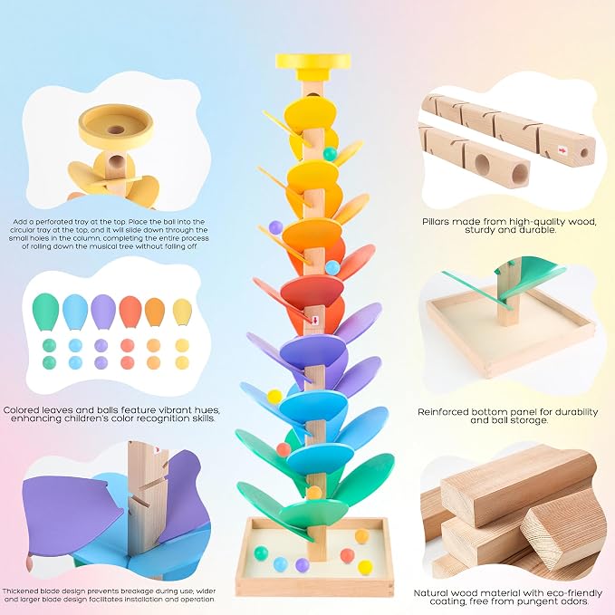 Wooden Marble Run Music Tree Montessori Toy for Ages 3+ Ball Drop Toy | Montessori Toys Rainbow Marble Run Learning Game Creative Color Sorting Toy Birthday Gift for Boys and Girls Ages 3+